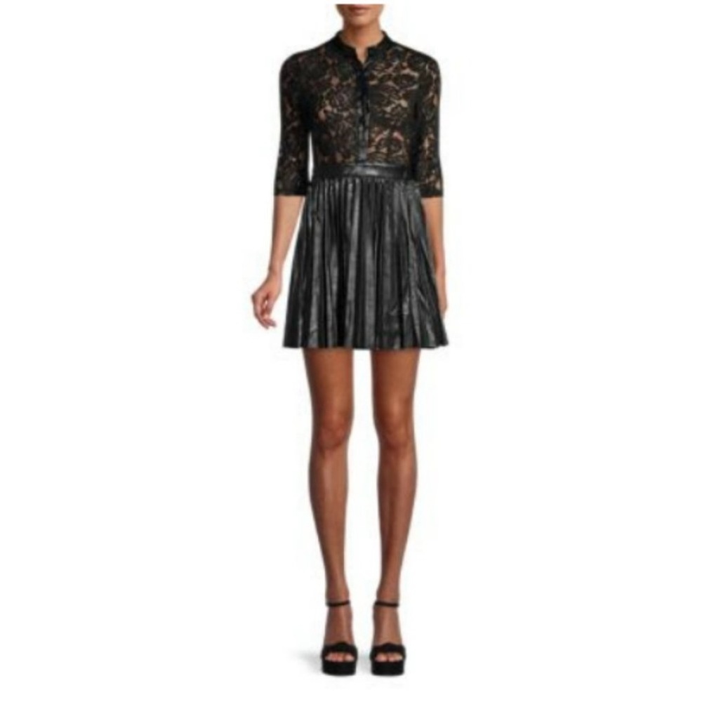 NWT Avantlook Dress - Black Lace and Faux Leather pleated